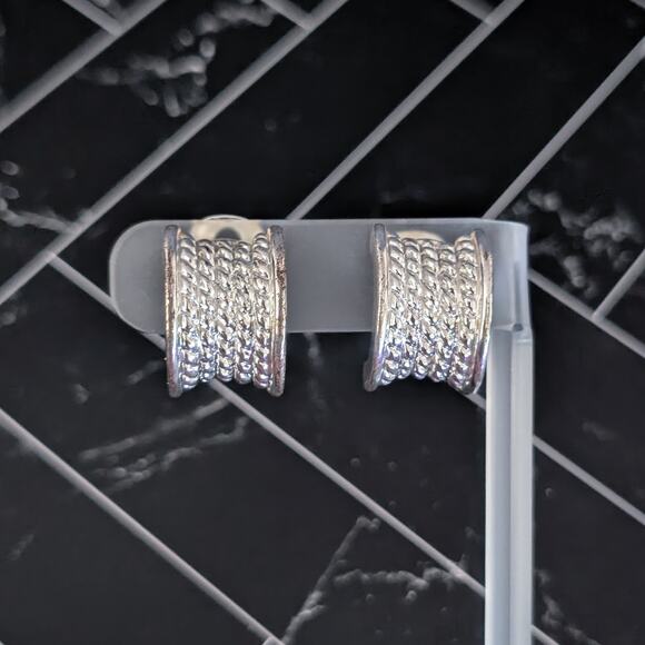 Vintage NJY Clip On Earrings Curved Chunky Silver Tone with Woven Design Large - Picture 1 of 5